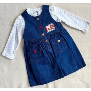 Vintage 90s Piano Kids Fashion Jumper Dress & Shirt Set Girls 4T Denim Floral